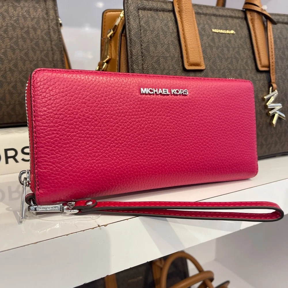 MICHAEL KORS Lg Pebbled Leather Continental Wallet Wristlet Phone Dark Raspberry